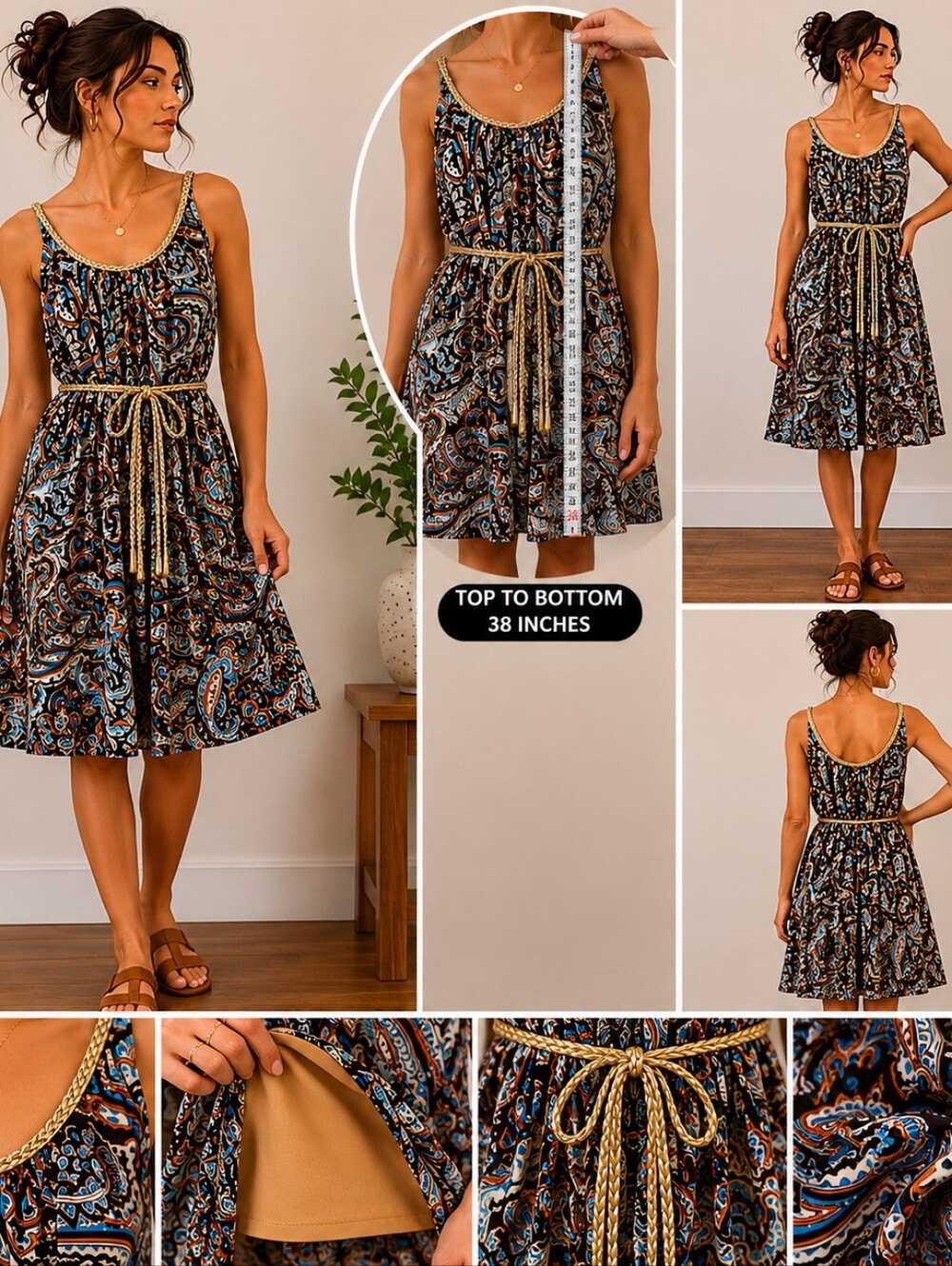 Unbranded Size Small Paisley Print Gold Belted Spaghetti Strap Dress